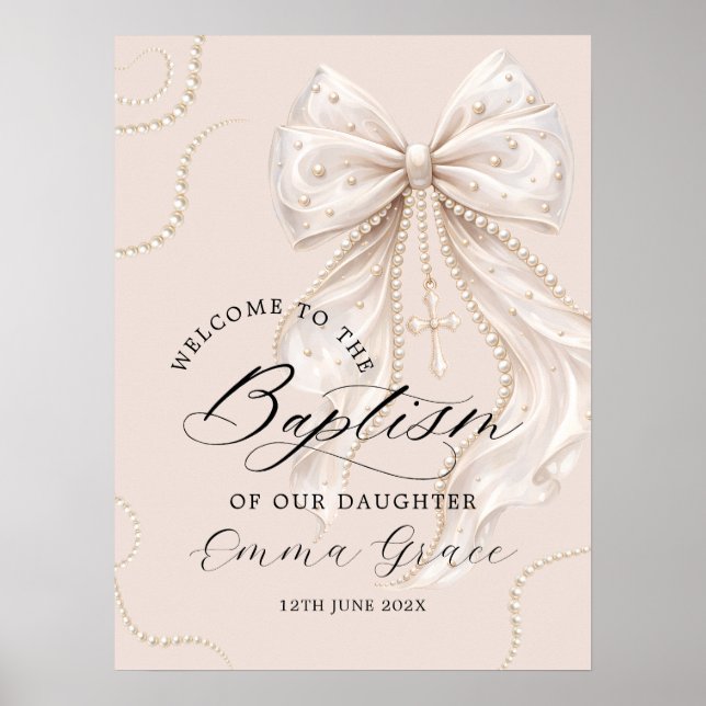Elegant Beige Bow with Pearl Baptism Welcome Poster (Front)