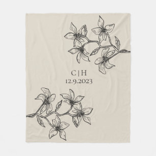 Elegant Beige Brown Floral Monogram Wedding Fleece Blanket