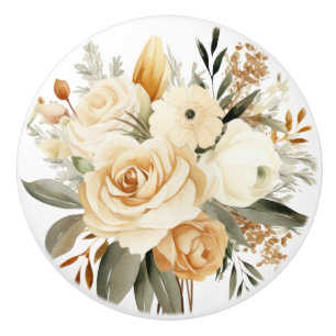 Elegant Beige Brown Flowers Floral Ceramic Knob