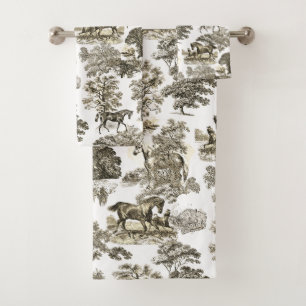 Elegant Beige Brown Rustic Horses Toile  Bath Towel Set