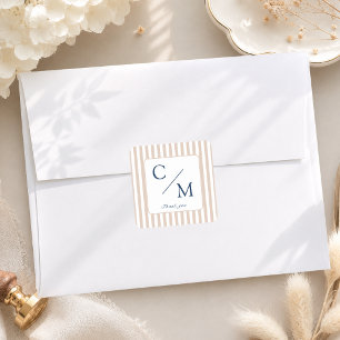 Elegant Beige Brown Stripes Monogram Wedding Square Sticker