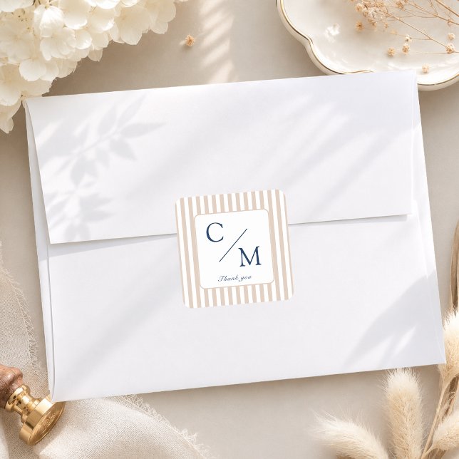 Elegant Beige Brown Stripes Monogram Wedding  Square Sticker (Elegant Beige Brown Stripes Monogram Wedding Square Sticker)