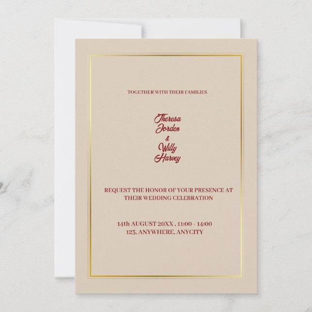 Elegant Beige & Burgundy Floral Wedding Invitation (Front)