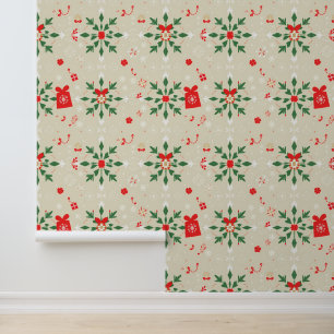 Elegant Beige Christmas Floral Pattern Wallpaper
