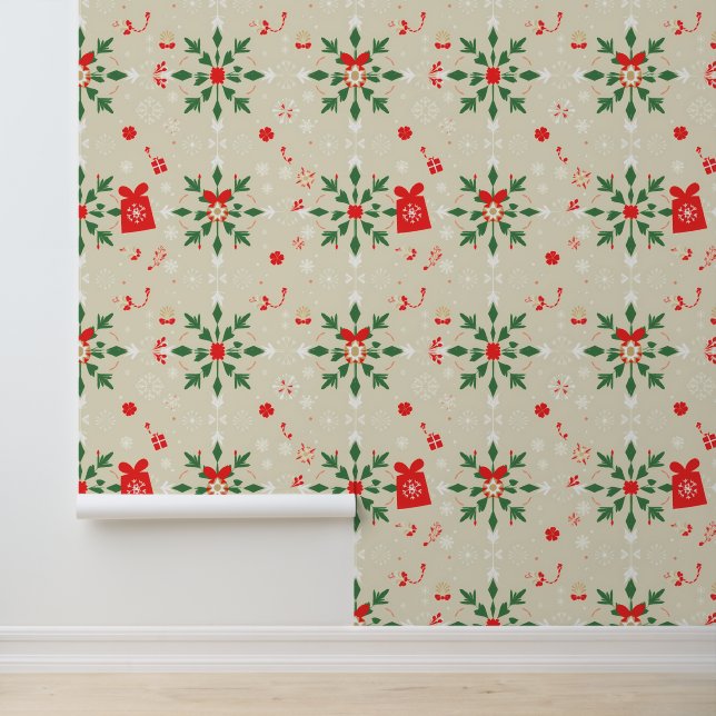 Elegant Beige Christmas Floral Pattern Wallpaper (Application)