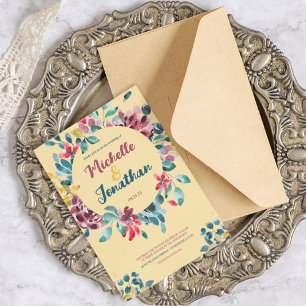 Elegant beige colourful watercolor floral wedding invitation