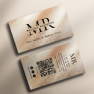 Elegant Beige Cream Glitter Monogram and QR Code Business Card