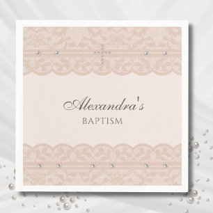 Elegant Beige Cross Christening Christian Baptism Napkin