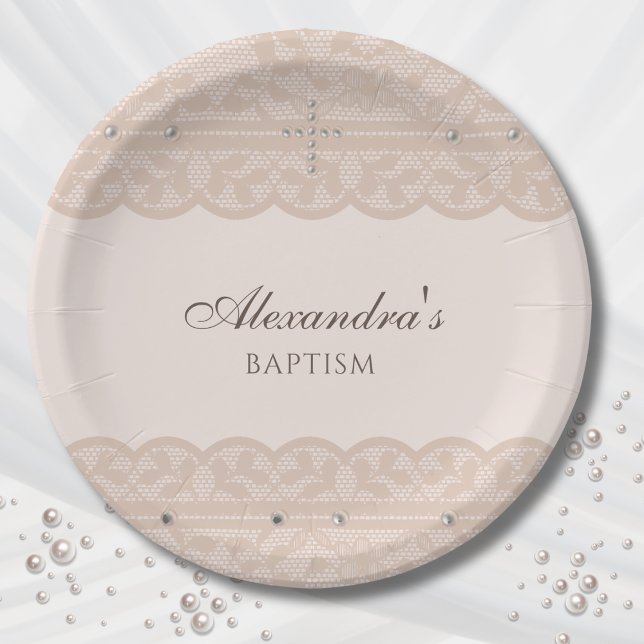 Elegant Beige Cross Christening Christian Baptism Paper Plate (Creator Uploaded)