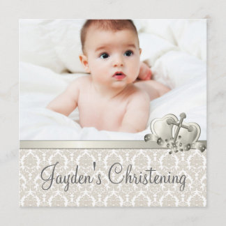 Elegant Beige Damask Boys Photo Christening Invitation