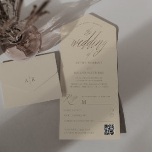 Elegant Beige & Faux Gold Calligraphy Wedding  All In One Invitation