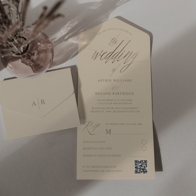 Elegant Beige & Faux Gold Calligraphy Wedding  All In One Invitation (Creator Uploaded)