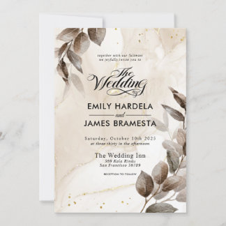 Elegant Beige Floral Gold Watercolor Wedding Invitation
