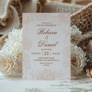 Elegant Beige Floral Line Art Wedding Minimal Invitation