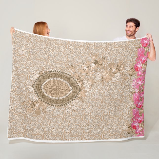 Elegant Beige Floral Medallion Fleece Blanket  (In Situ)