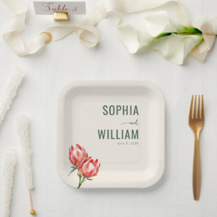 Elegant Beige Floral Protea Paper Plate