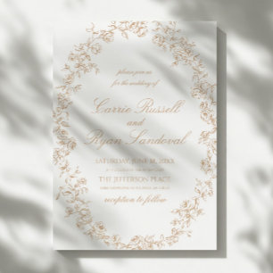 Elegant Beige Floral Roses Fine Line Art Wedding Invitation