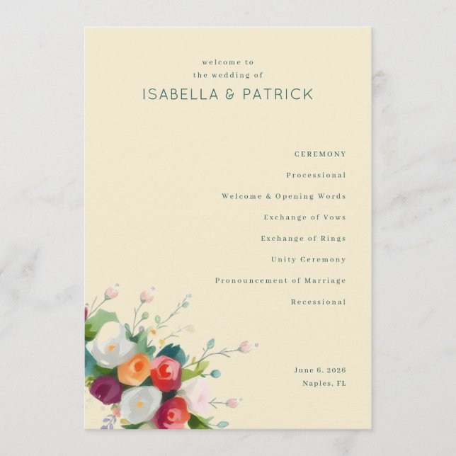 Elegant Beige Floral Wedding Ceremony Program Programme (Front)