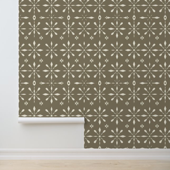 Elegant Beige Geometric Floral Pattern Wallpaper (Application)