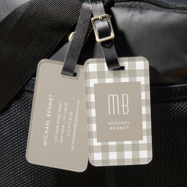 Elegant Beige Gingham Monogram Luggage Tag (Elegant Beige Gingham Monogram Luggage Tag)