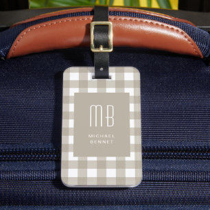 Elegant Beige Gingham Monogram Luggage Tag