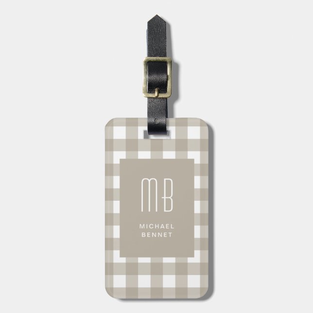 Elegant Beige Gingham Monogram Luggage Tag (Front Vertical)