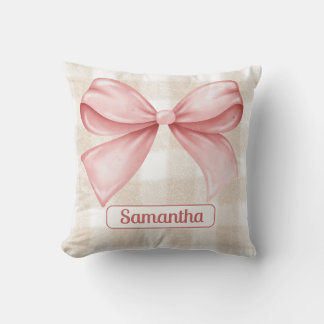 Elegant Beige Gingham with Pink Bow Accent Custom Cushion