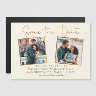 Elegant Beige Gold 2 Photo Save the Date Magnet