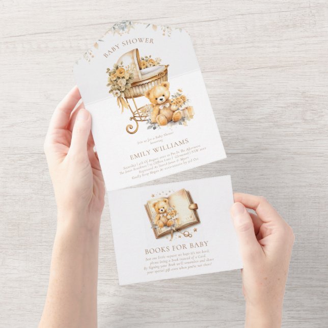 Elegant Beige & Gold Baby Shower Books for Baby All In One Invitation (Tearaway)