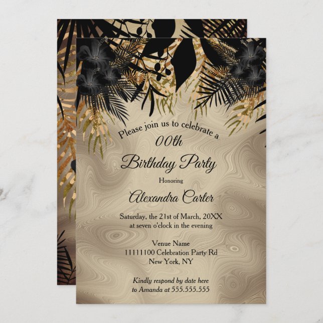 Elegant Beige Gold Black Floral Birthday Party Invitation (Front/Back)