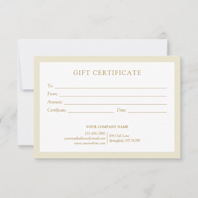 Elegant Beige Gold Business Logo Gift Certificate (Front)