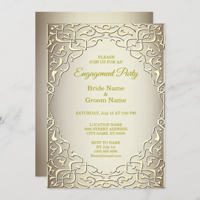 Elegant Beige Gold Decorative Engagement Invitation (Front/Back)