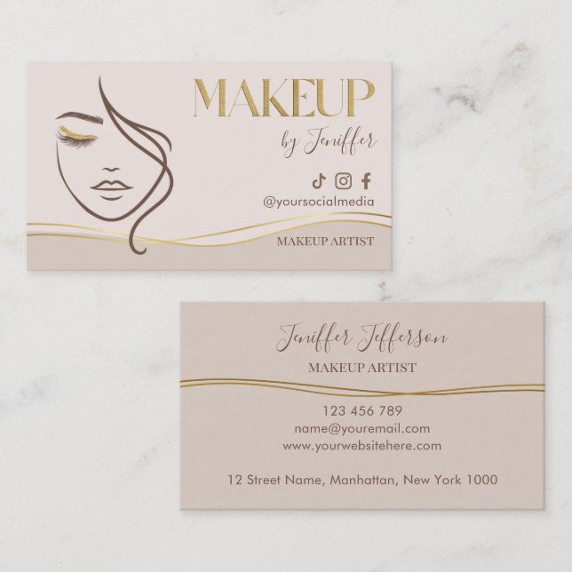 Elegant Beige & Gold Makeup Artist Bussines card (Front/Back)