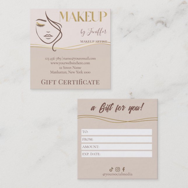 Elegant Beige & Gold Makeup Gift Certificate Card (Front/Back)