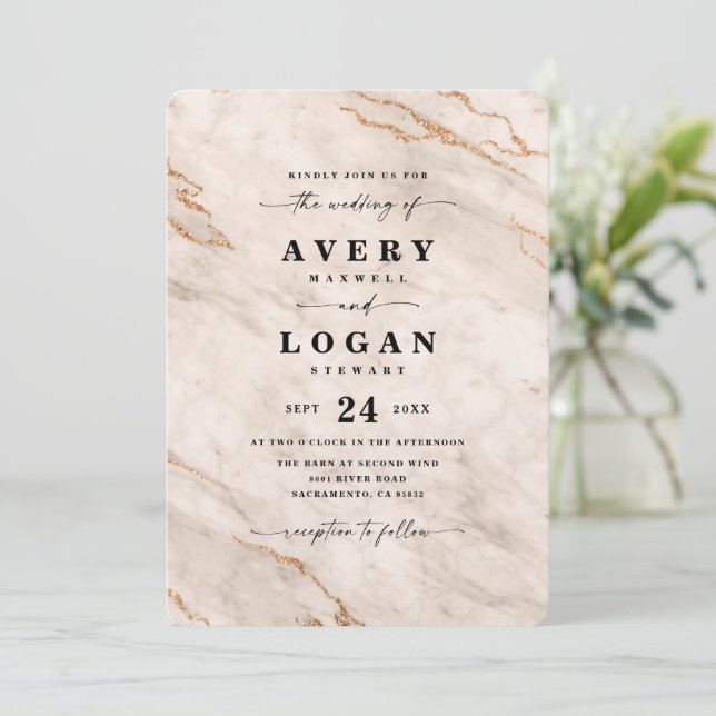 Elegant Beige & Gold Metallic Marble Wedding Invitation (Standing Front)