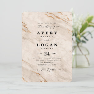 Elegant Beige & Gold Metallic Marble Wedding Invitation