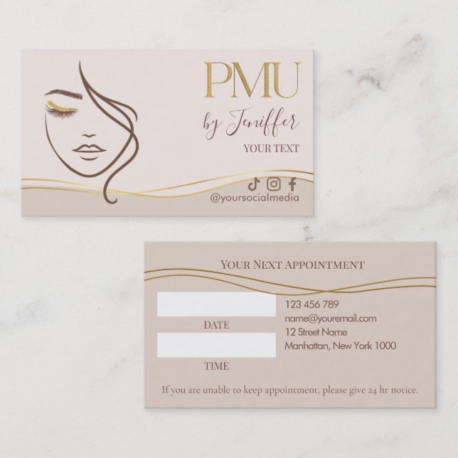 Elegant Beige & Gold PMU appointment Card (Front/Back)