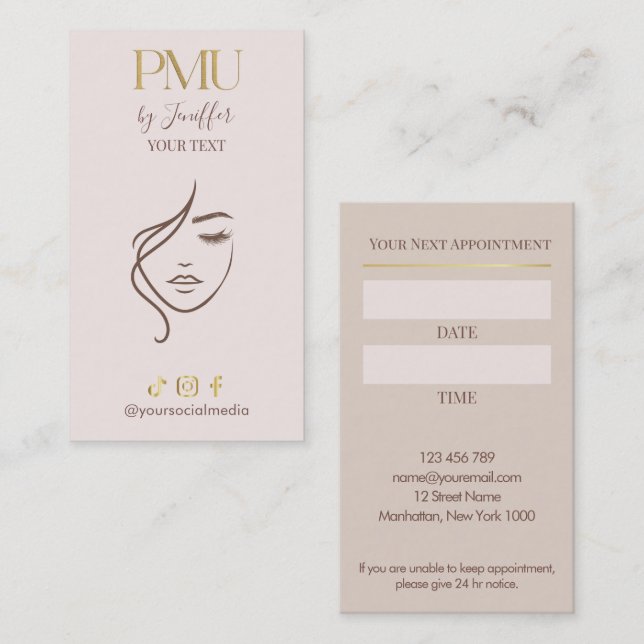 Elegant Beige & Gold PMU appointment Card (Front/Back)