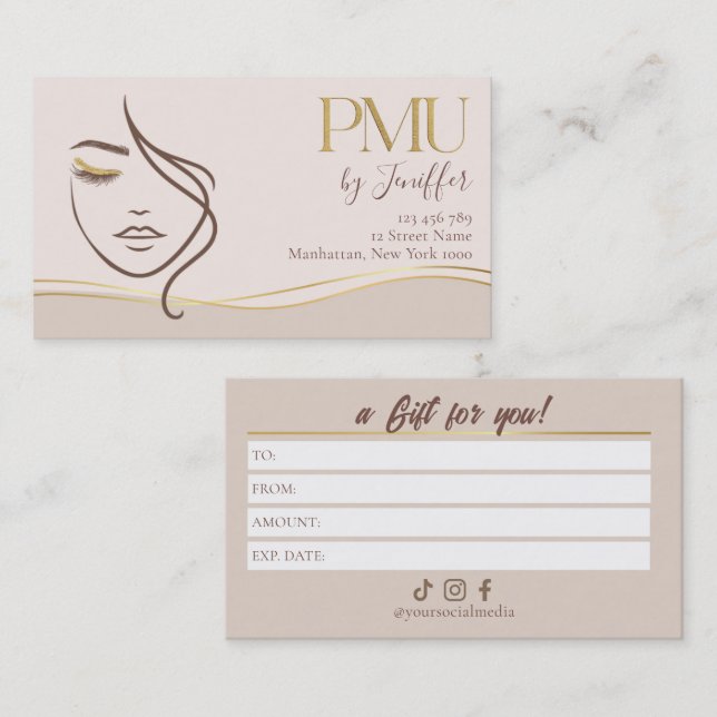Elegant Beige & Gold PMU Gift Certificate Card (Front/Back)