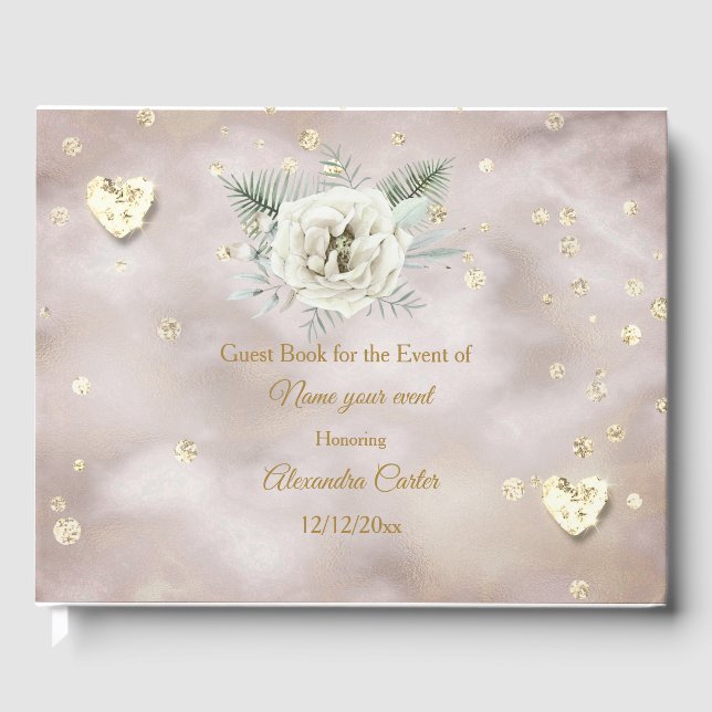 Elegant Beige Gold White Rose Hearts Rose Floral Guest Book (Front)