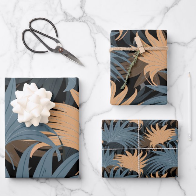 Elegant Beige Grey Palm Leaves Foliage Exotic Wrapping Paper Sheet (Front)