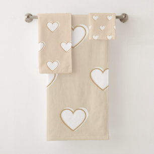 Elegant Beige Heart Pattern Retro Minimalist Bath Towel Set