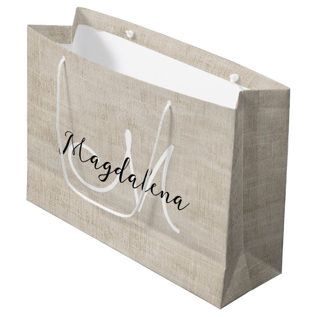 Elegant beige linen texture large gift bag (Front Angled)