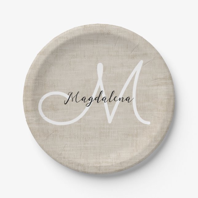 Elegant beige linen texture paper plate (Front)