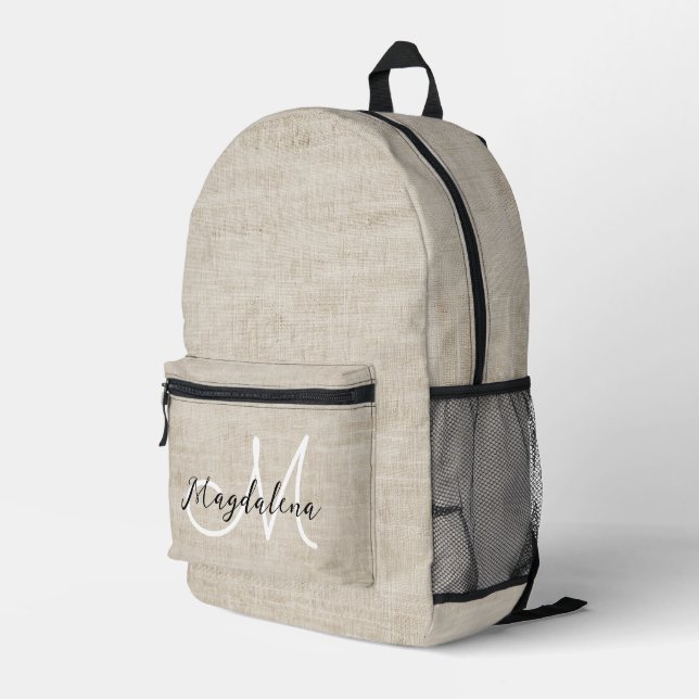 Elegant beige linen texture  printed backpack (Back Corner Right)