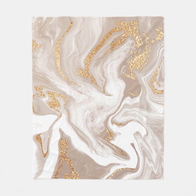 Elegant beige liquid marble with golden glitter fleece blanket (Front)