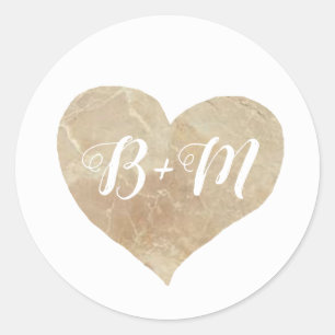 elegant beige marble heart with monogram classic round sticker