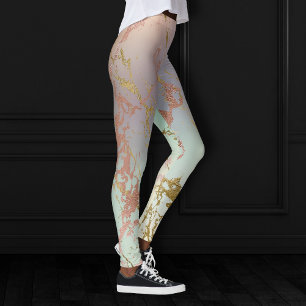 Elegant Beige Marble   Mint Sage Green Rose Gold Leggings