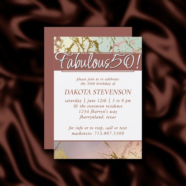 Elegant Beige Marble | Sage Rose Gold Fabulous 50 Invitation (Creator Uploaded)