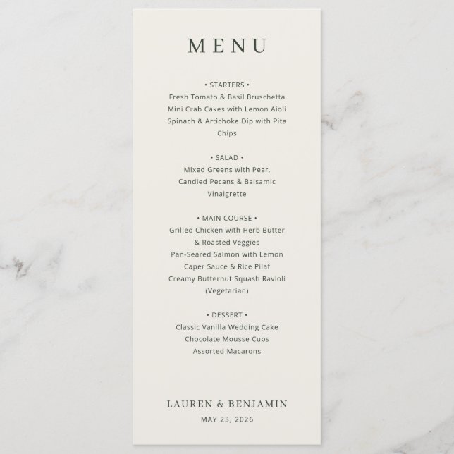 Elegant Beige Minimalist Wedding Menu (Front)